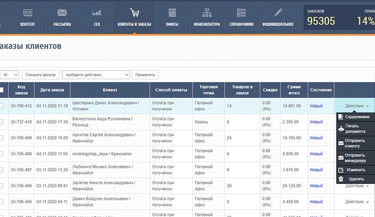 Заказы клиентов и новое меню для дополнительных действий